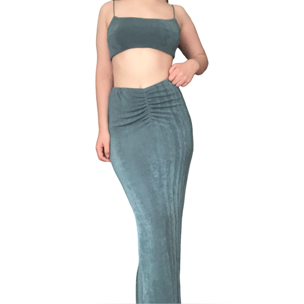 Teal Crop Top and Ruched Maxi Skirt Matching Set Size Small New with Tags